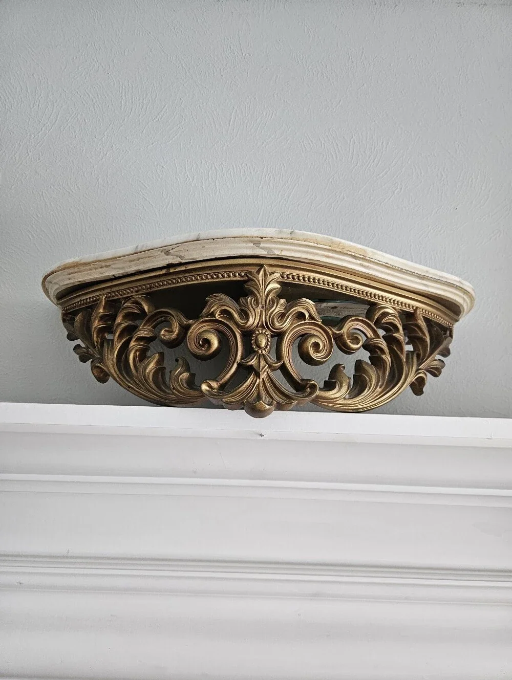 Vintage Turner Manufacturing Ornate Gold Half Moon Wall Shelf With Marble Top